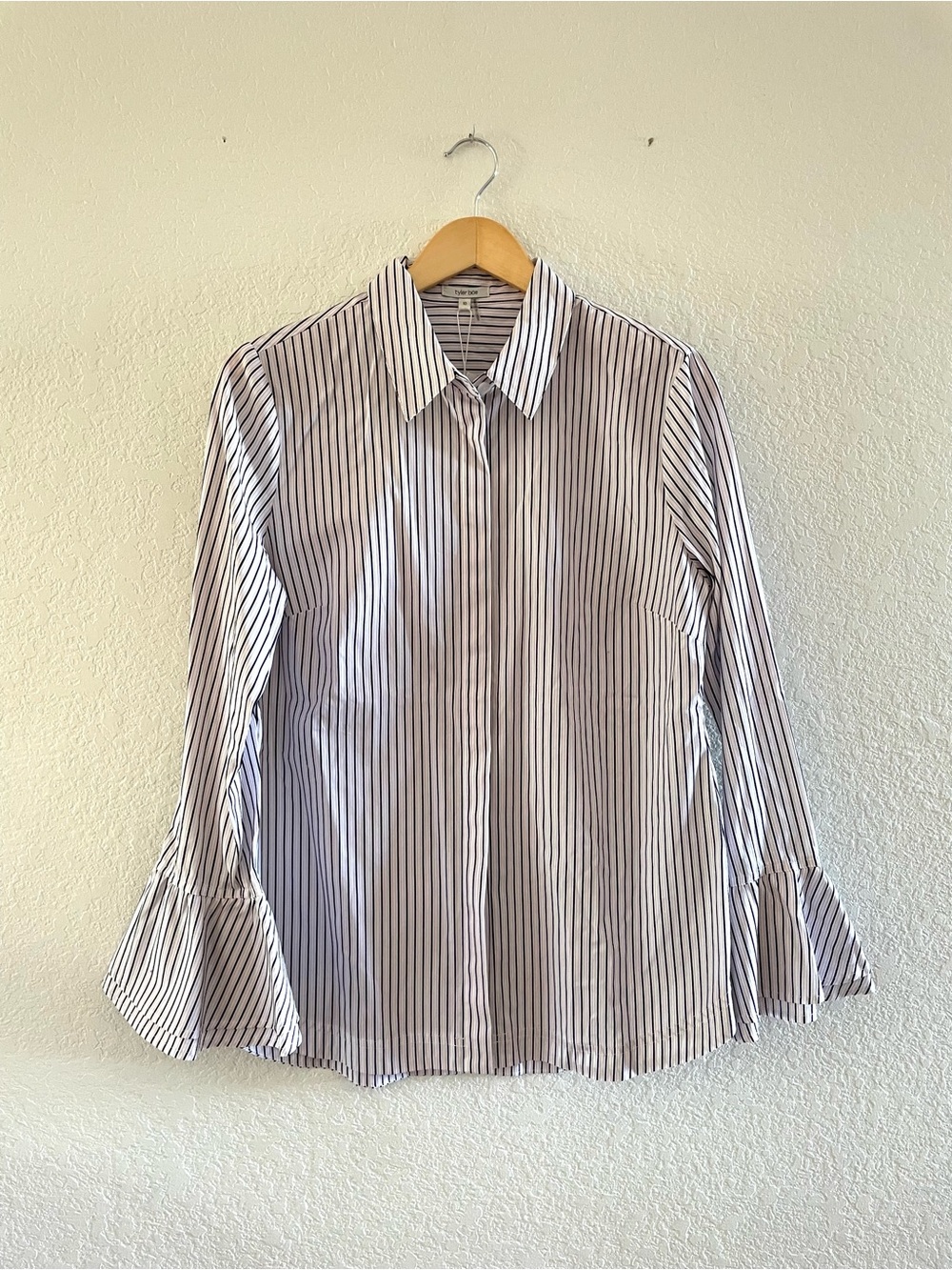 NWT Tyler Boe Ellery Cotton Striped Ruffle Bell Sleeve Button-Down Shirt Sz 10